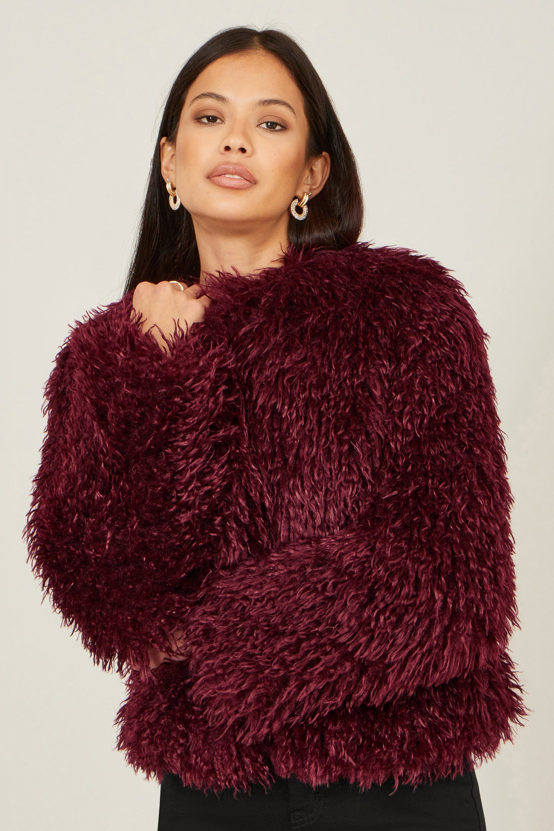 Burgundy Luxe Fluffy Faux Fur Coat - Ezeyor