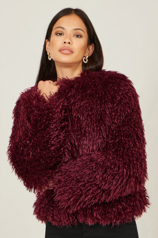 Burgundy Luxe Fluffy Faux Fur Coat - Ezeyor