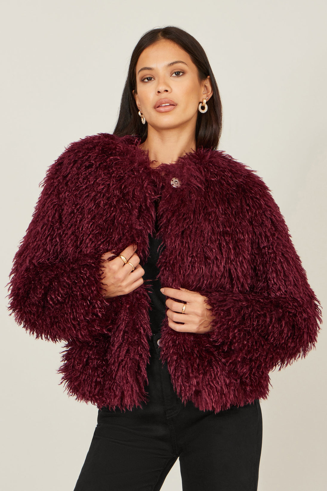 Burgundy Luxe Fluffy Faux Fur Coat - Ezeyor