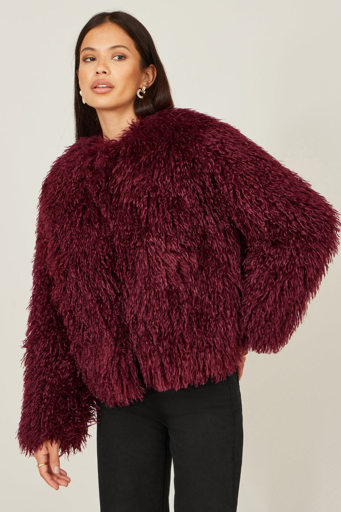 Burgundy Luxe Fluffy Faux Fur Coat - Ezeyor