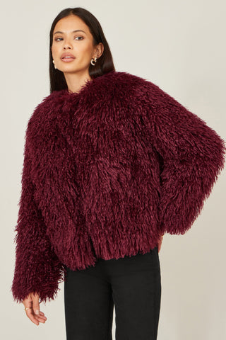Burgundy Luxe Fluffy Faux Fur Coat - Ezeyor