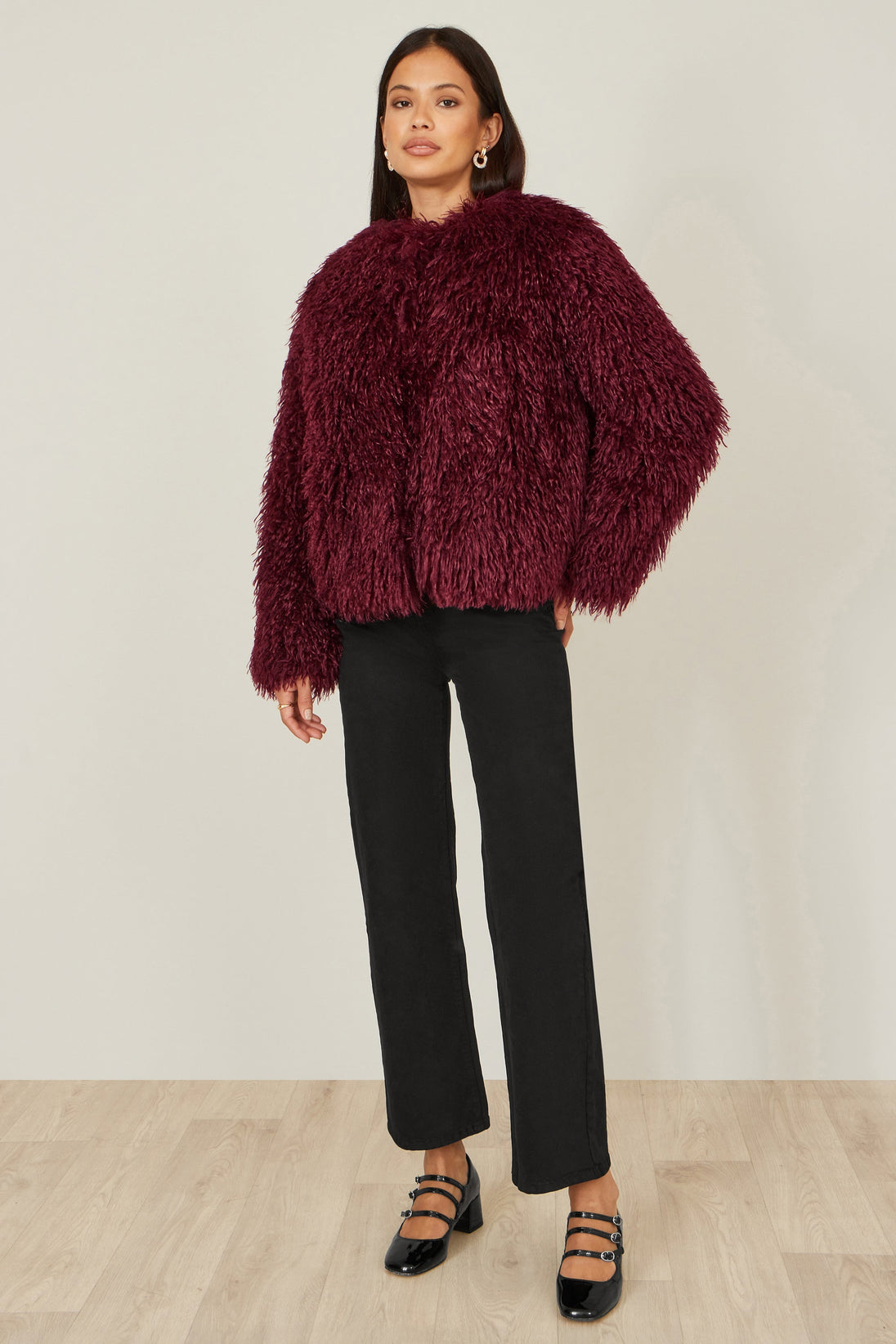 Burgundy Luxe Fluffy Faux Fur Coat - Ezeyor