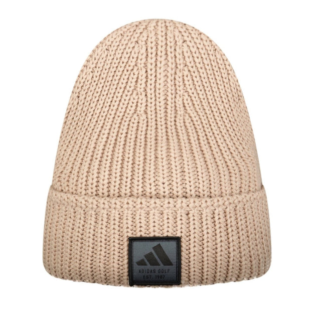 Adidas Novel Golf Beanie light pink knit performance hat with black logo patch