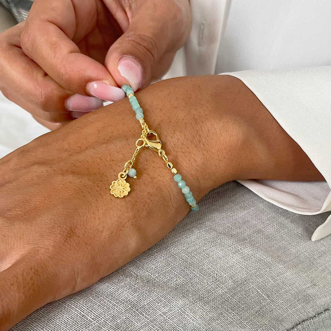 Milos Gemstone and Gold Bead Bracelet with lapis stones and 22K gold on recycled brass, adjustable length, stylish handcrafted jewelry