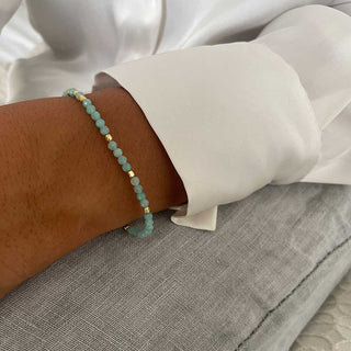 Milos Gemstone bracelet with amazonite beads and 22K gold on recycled brass, adjustable length on wrist