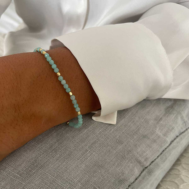 Milos Gemstone bracelet with amazonite beads and 22K gold on recycled brass, adjustable length on wrist