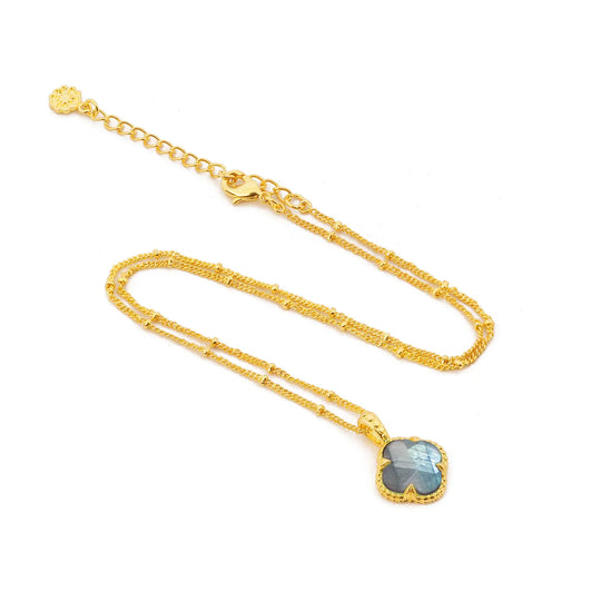 Tyche Gemstone Necklace with labradorite pendant on 22k gold recycled brass chain, adjustable length, handcrafted jewelry