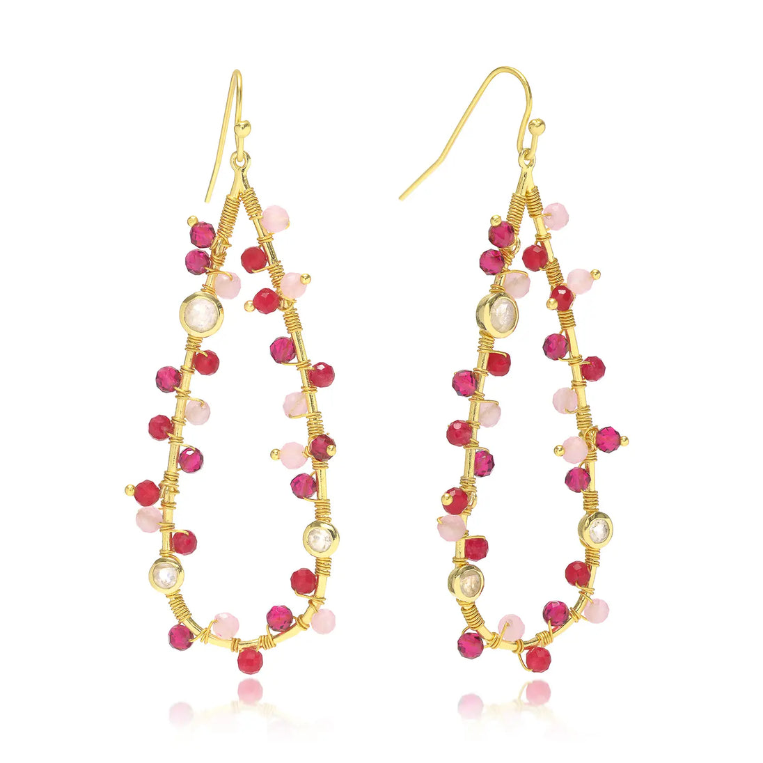 Hydra Large Teardrop Wire-Wrapped Gemstone Earrings with moonstone, rose quartz, pink jade, and pink tourmaline in 22K gold on recycled brass