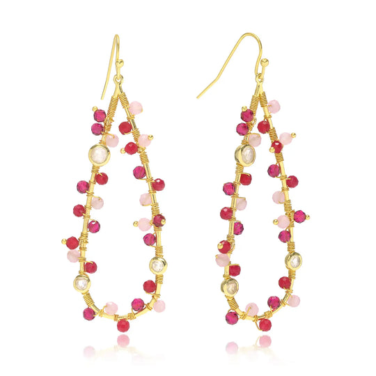 Hydra Large Teardrop Wire-Wrapped Gemstone Earrings with moonstone, rose quartz, pink jade, and pink tourmaline in 22K gold on recycled brass