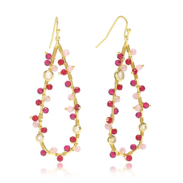 Hydra Large Teardrop Wire-Wrapped Gemstone Earrings with moonstone, rose quartz, pink jade, and pink tourmaline in 22K gold on recycled brass