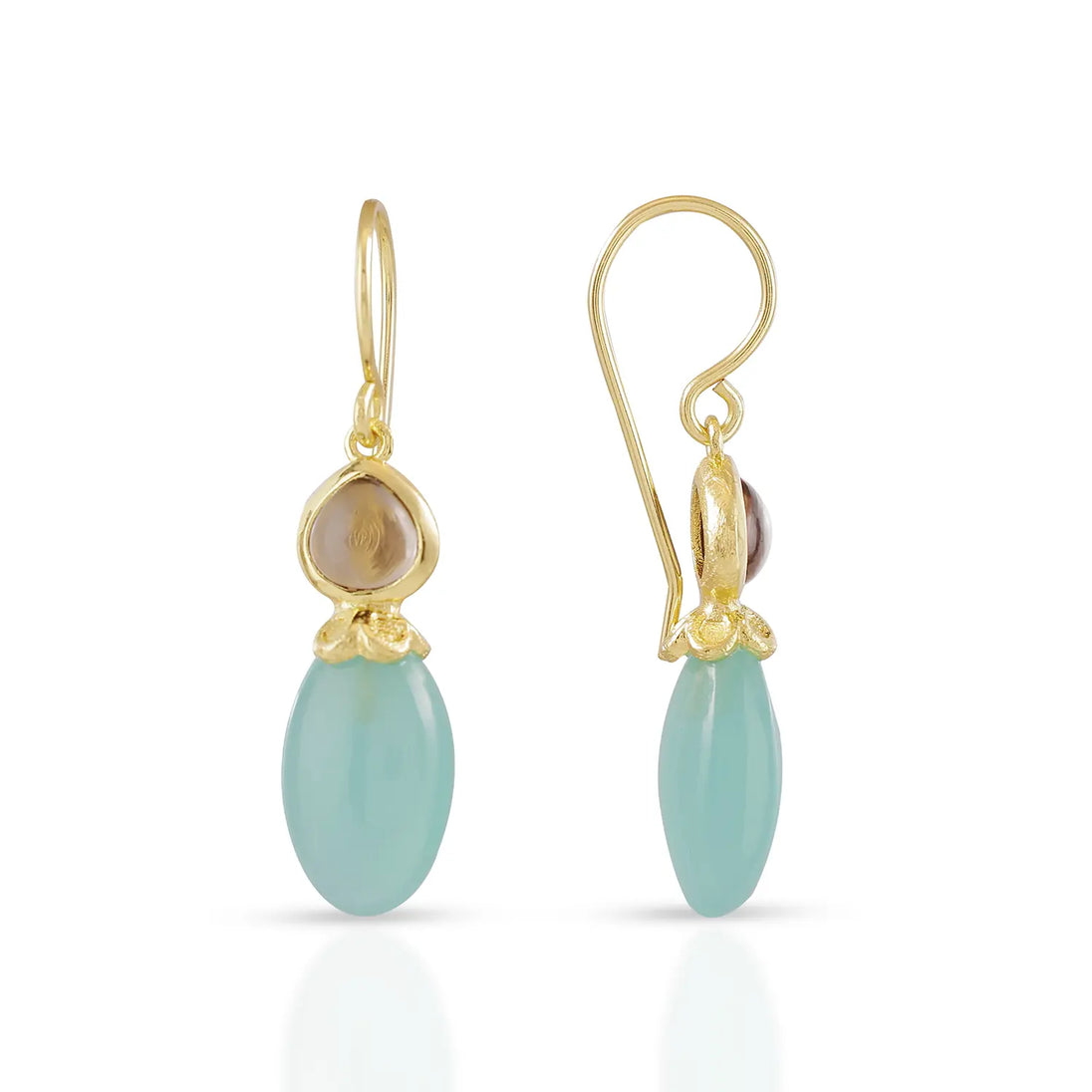 Persephone Double Gemstone Earrings with Pariba Onyx and Smoky Quartz in 22K gold on recycled brass handcrafted drop earrings