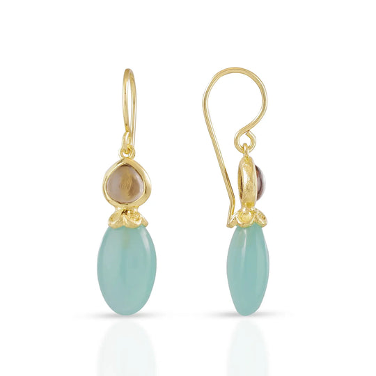 Persephone Double Gemstone Earrings with Pariba Onyx and Smoky Quartz in 22K gold on recycled brass handcrafted drop earrings