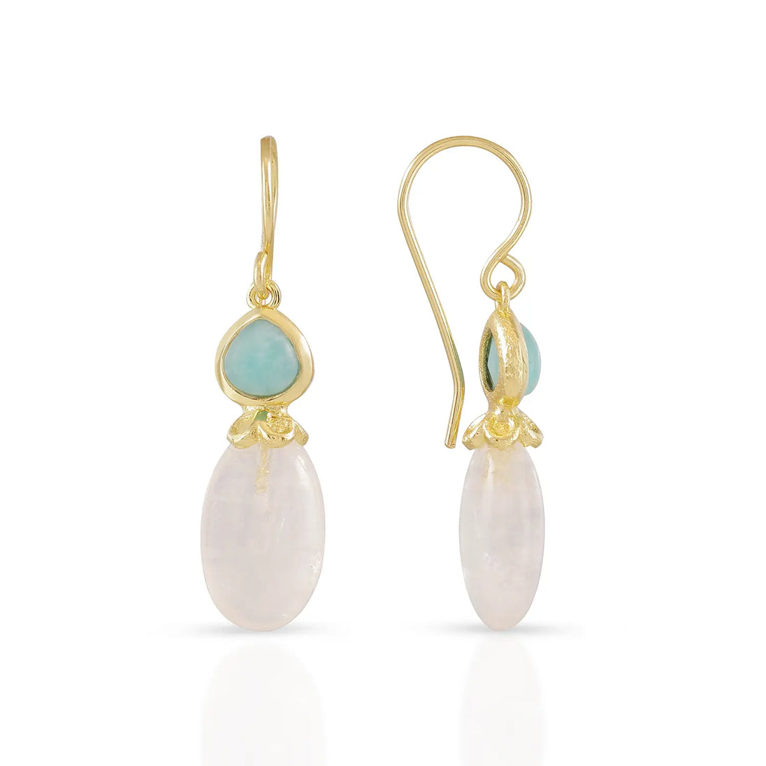 Persephone Double Gemstone Earrings featuring moonstone and amazonite set in 22K gold on recycled brass with 30mm drop length
