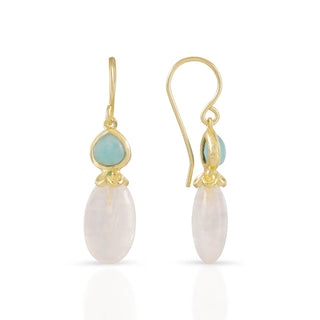 Persephone Double Gemstone Earrings featuring moonstone and amazonite set in 22K gold on recycled brass with 30mm drop length