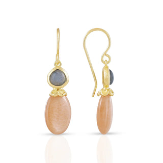 Persephone double gemstone earrings with peach moonstone and labradorite set in 22k gold on recycled brass