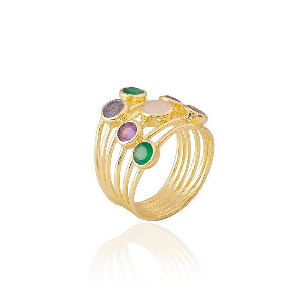 Iona Entwined Ring with green onyx, amethyst, moonstone, and labradorite set in 22K gold on recycled brass