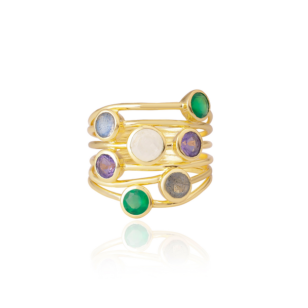 Iona Entwined Ring with green onyx, amethyst, moonstone, and labradorite set in 22k gold on recycled brass