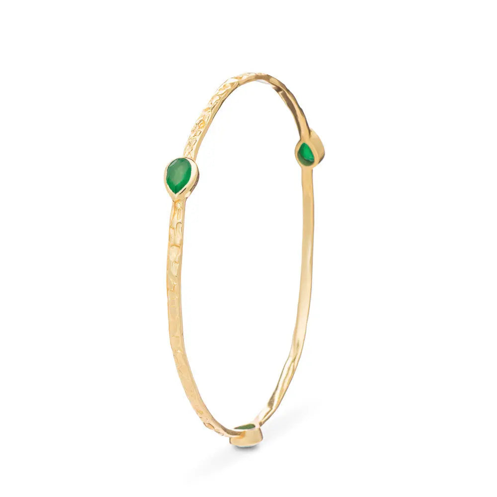 Simi Three Stone Stacking Bangle with 22kt gold plating and green onyx gemstones on recycled brass
