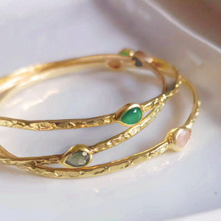 Simi Three Stone Stacking Bangle with green onyx and 22kt gold plated brass handcrafted textured design
