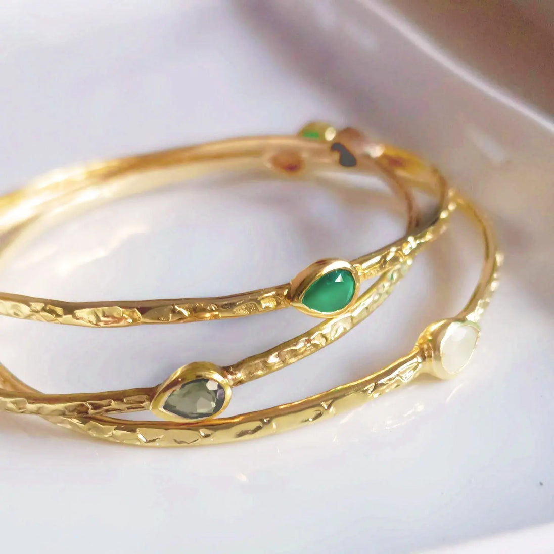 Simi Three Stone Stacking Bangle with labradorite and 22kt gold plated recycled brass handcrafted jewelry