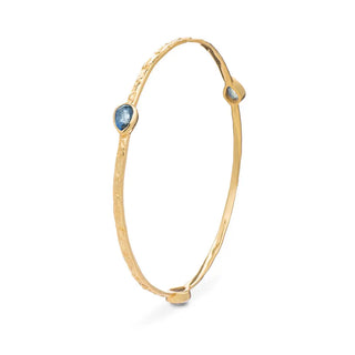 Simi Three Stone Stacking Bangle with labradorite gemstones in 22kt gold plated recycled brass, handcrafted textured design.