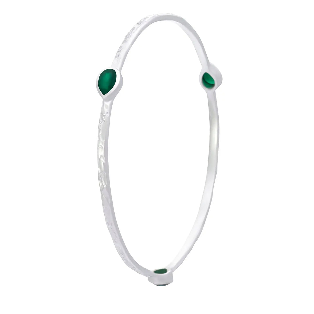 Simi Three Stone Stacking Bangle in sterling silver with green onyx teardrop gemstones, 70mm diameter, handcrafted jewelry.