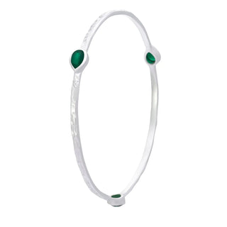 Simi Three Stone Stacking Bangle in sterling silver with green onyx teardrop gemstones, 70mm diameter, handcrafted jewelry.