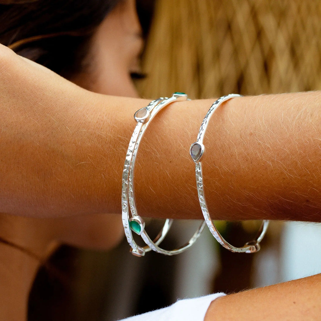 Simi Three Stone Stacking Bangle sterling silver with aqua Pariba Onyx gemstones on wrist