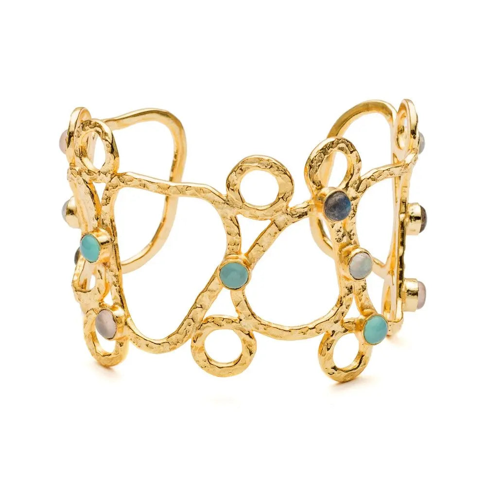 Thalia Sculptural Cuff gold bracelet with rose quartz, moonstone, labradorite, and pariba onyx stones handcrafted adjustable jewelry