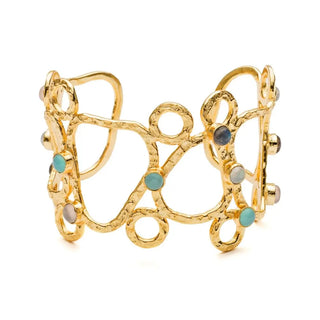 Thalia Sculptural Cuff gold bracelet with rose quartz, moonstone, labradorite, and pariba onyx stones handcrafted adjustable jewelry