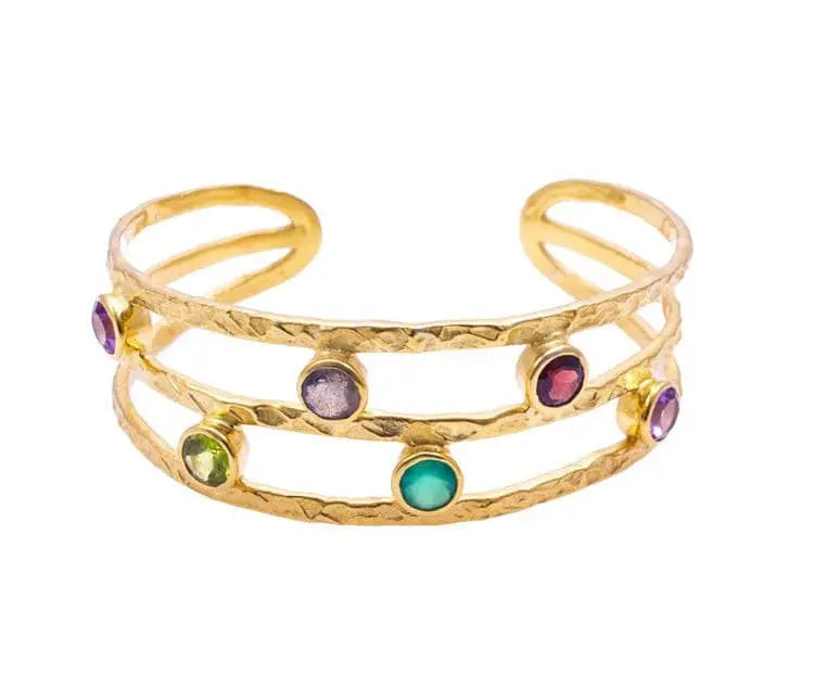 Venus gemstone bangle with garnet peridot labradorite and amethyst in 22k gold on brass handcrafted cuff bracelet