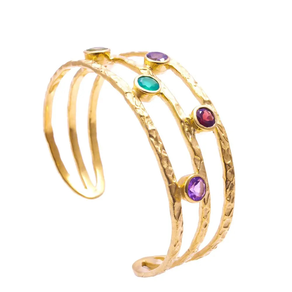 Venus Gemstone Bangle 22k gold brass with garnet peridot labradorite and amethyst gemstones adjustable cuff