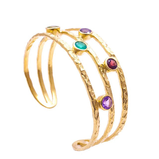 Venus Gemstone Bangle 22k gold brass with garnet peridot labradorite and amethyst gemstones adjustable cuff