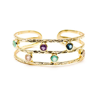 Venus Gemstone Bangle with 22k gold on brass featuring rose quartz, amethyst, iolite, and pariba onyx stones