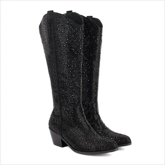 Black beautiful rhinestone pointed toe western boots with mid-height heel and decorative stitching