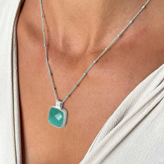 Tetra Large Square Gemstone Pendant with silver amazonite gem on adjustable sterling silver chain worn on neck