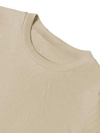 Close-up of beige round neck long sleeve top made of ribbed fabric