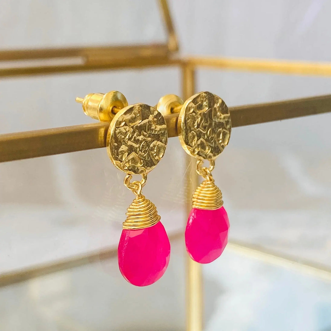 Classic Athena Drop Earrings with fuchsia onyx gemstone and 22K gold on recycled brass disc studs