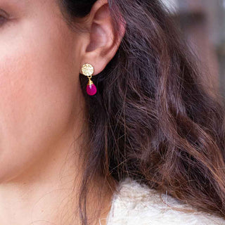 Classic Athena Drop Earrings in 22K gold with vibrant fuchsia onyx gemstones, handcrafted and worn as a stylish drop earring.