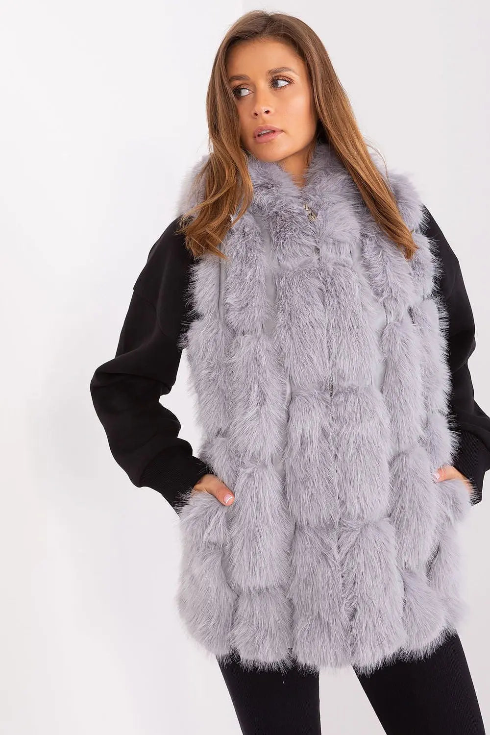 Elegant women's hooded faux fur vest in soft gray polyester with pockets and zipper closure