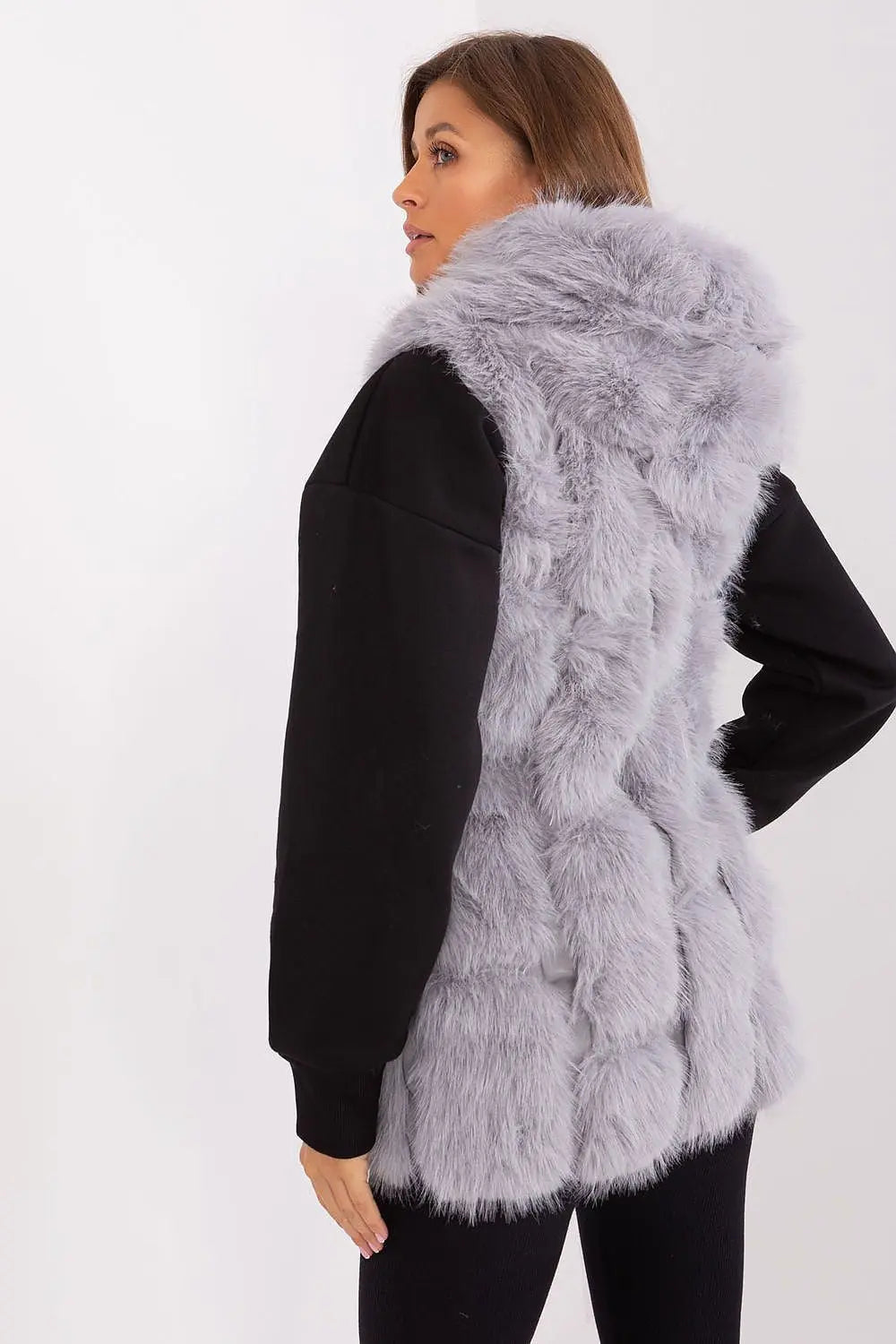 Elegant women’s hooded faux fur vest in light gray polyester with zipper and pockets