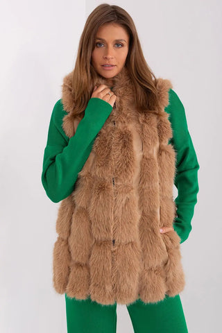 Elegant women's hooded faux fur vest in brown polyester with pockets and zipper closure worn over green outfit