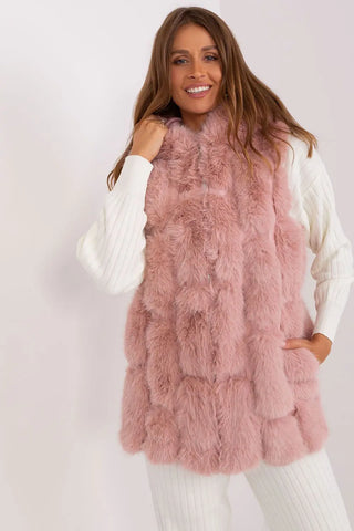 Elegant pink women’s hooded faux fur vest with pockets and zipper closure