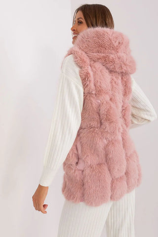 Elegant pink women's hooded faux fur vest with pockets and zipper closure