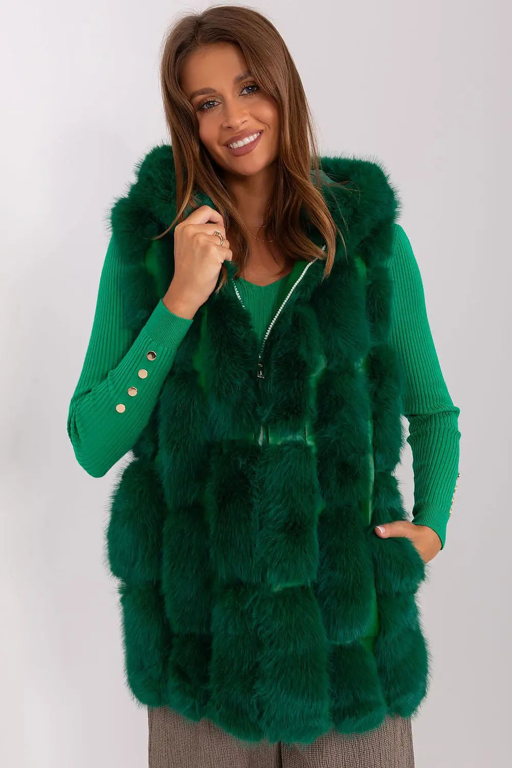 Elegant green women's hooded faux fur vest with zipper and pockets for warmth and style