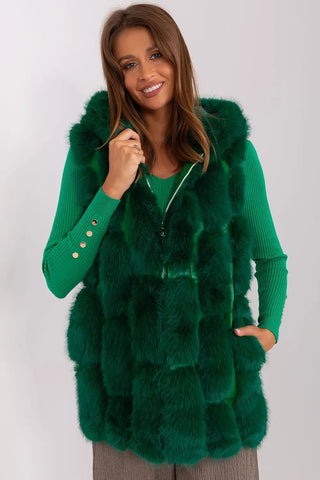 Elegant green women's hooded faux fur vest with zipper and pockets for warmth and style