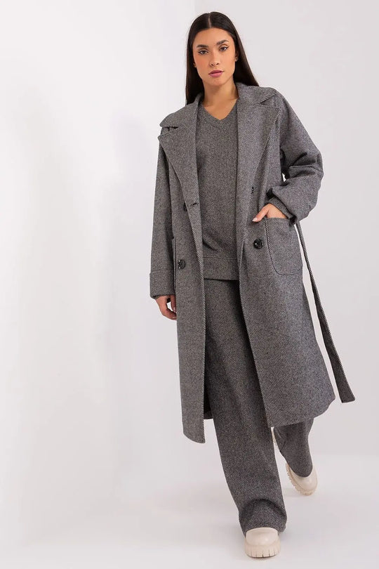 Classic Transitional Coat with over-the-knee length, button closure, and tie belt, in gray.