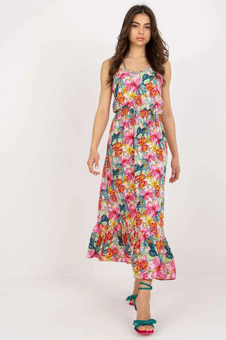 Summer floral dress with heart neckline and ruffle hem.