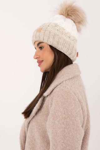 Beige two tone winter beanie with plaid pattern and pom-pom, soft blend with fleece lining for warmth