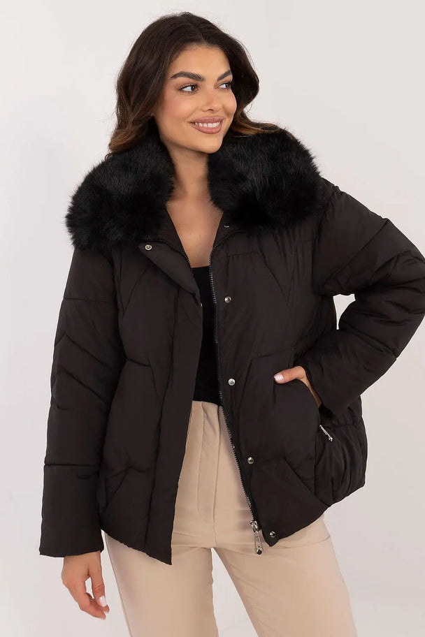 Elegant women's quilted winter jacket with black fur collar and zipper pockets